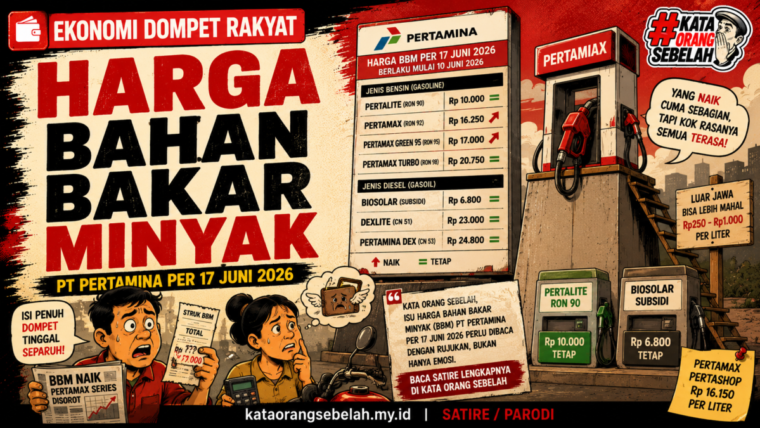 Ilustrasi satire Harga Bahan Bakar Minyak (bbm) PT Pertamina Per 17 Juni 2026 untuk artikel Kata Orang Sebelah