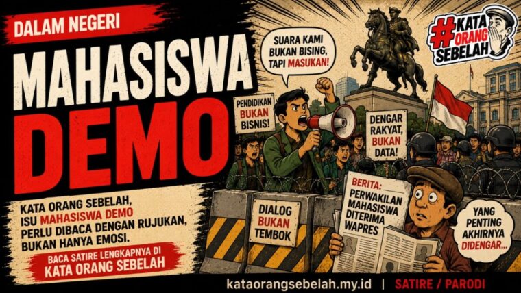 Ilustrasi satire Mahasiswa Demo untuk artikel Kata Orang Sebelah