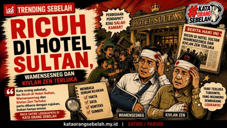 Ilustrasi satire Ricuh di Hotel Sultan, Wamensesneg dan Kivlan Zen Terluka untuk artikel Kata Orang Sebelah